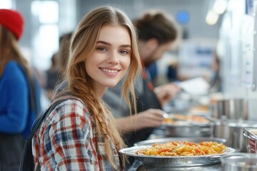 In a bustling soup kitchen, a joyful woman savors a hot meal among others. Volunteers serve food while people chat and connect. The atmosphere is filled with warmth, sharing, and community support.