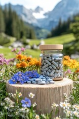 Bright blue herbal tablets rest on a wooden pedestal amidst colorful wildflowers in an alpine meadow. Surrounded by stunning natural scenery, the vibrant hues and textures highlight the beauty of natu