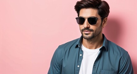 Obraz premium Dark Brown Haired Man in Casual Shirt and Sunglasses on Light Pink Background