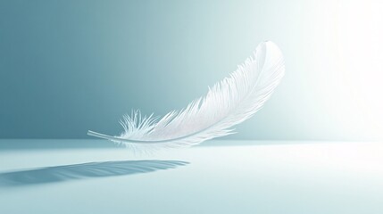Obraz premium A single white feather floats gently on a soft blue background, casting a long shadow. Generative ai