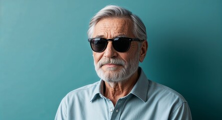 Obraz premium Elderly Man with Gray Beard in Buttoned Shirt and Sunglasses on Teal Background