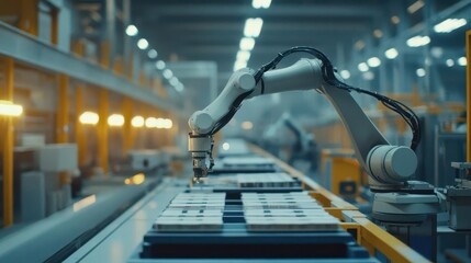 robotic arm diligently assembling products on a modern manufacturing line, surrounded by bright lighting and advanced machinery, showcasing industry innovation
