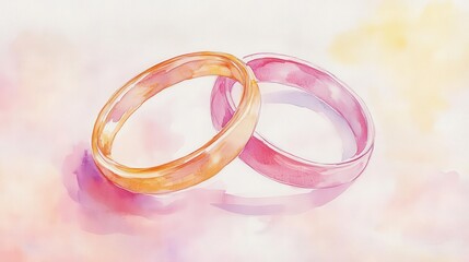 romantic watercolor illustration of intertwined wedding rings, beautifully rendered to symbolize love and union, set against a soft pastel background that enhances the sentiment