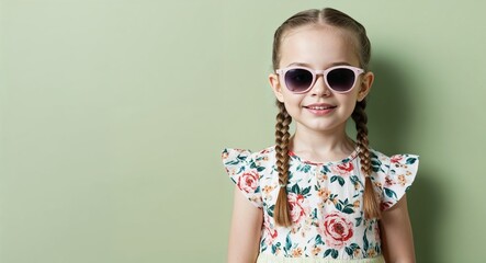 Obraz premium Little Girl with Neatly Braided Hair in Floral Top and Sunglasses on Soft Green Background