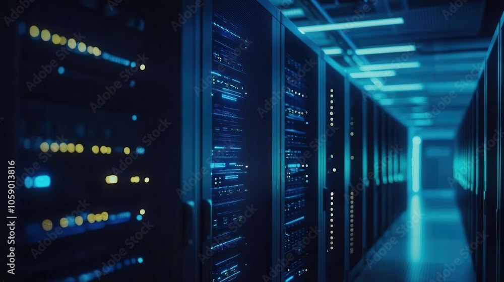 Poster row of network servers illuminated by glowing led lights in a dimly lit server room, illustrating th