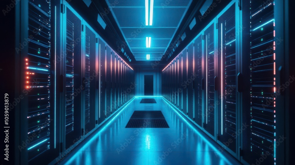 Poster row of network servers illuminated by glowing led lights in a dimly lit server room, illustrating th