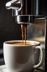 Coffee is pouring into a cup from a coffee machine close up. Vertical hot drink concept