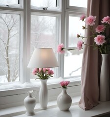 A white lamp on a wooden windowsill with a vase of pink flowers and a view of a snowy outdoor scene through the window.