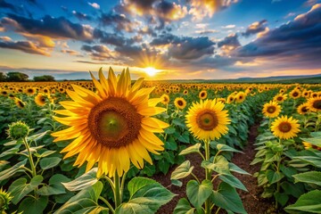 Obraz premium Sun-kissed sunflowers, arranged by the Rule of Thirds, create a vibrant field.