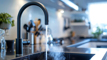 modern kitchen fixtures, modern kitchen tap in gunmetal grey releases hot water with steam, creating a stunning visual effect