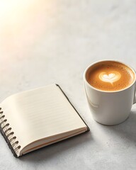 Cozy coffee moment with a blank notebook