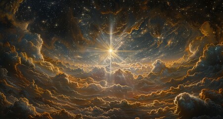 A Bright Star Shining Through Golden Clouds in Space
