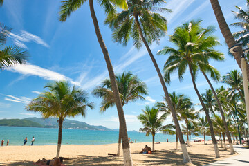 Nha Trang city, Vietnam - October 29, 2024 : Overlooking the beautiful coast of Nha Trang with palm trees on the beach with deck chair and parasol. Beautiful white sand tropical beach in coastal city.