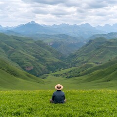 Solitary figure contemplating vast green mountain landscape