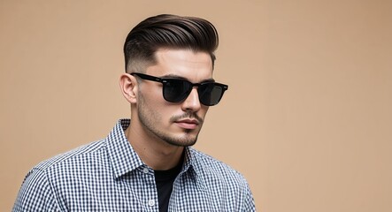 Fototapeta premium Young Man with Neat Side Part in Checkered Shirt and Sunglasses on Beige Background