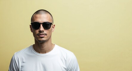 Young Man with Shaved Hair in tshirt and Sunglasses on Pale Yellow Background