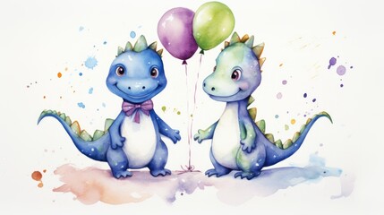 cute dino couple with birthday balloons watercolor design