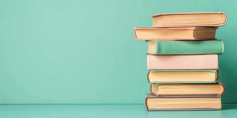 Stack of colorful books on a mint green background, ideal for educational or literary themes.