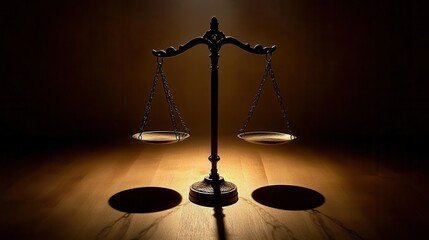 scales of justice illuminated in a dimly lit court hall, casting dramatic shadows, symbolizing the weight of law and fairness, with a solemn atmosphere and deep significance