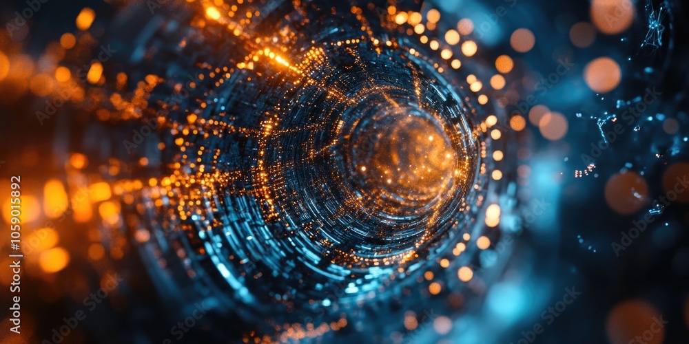 Poster colorful sparkling particles floating in a blue void, indicative of advanced digital technology and 