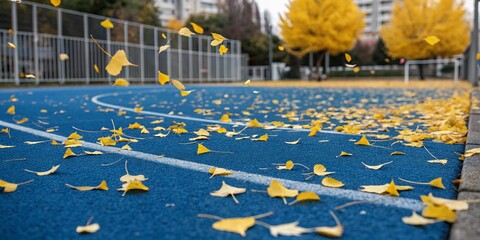 The blue astroturf is punctuated by the blurred streaks of long-exposed yellow leaves.