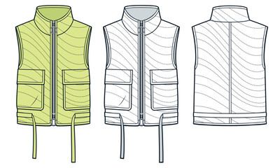 Down Vest Jacket technical fashion Illustration. Sleevless Jacket fashion flat technical drawing template, patch pockets, zipper, front and back view, white, yellow, women, men, unisex CAD mockup set. © Liubov Hladka