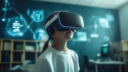 school student immersed in virtual reality, wearing a vr headset, engaged with ai technology and machine learning, surrounded by futuristic classroom elements, illustrating innovative education