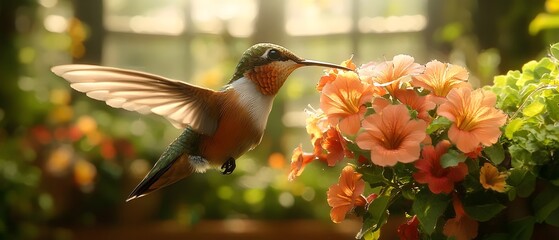 Naklejka premium A beautiful hummingbird hovering near vibrant orange flowers in a sunlit garden, showcasing its iridescent feathers and delicate wings in a serene, natural setting.