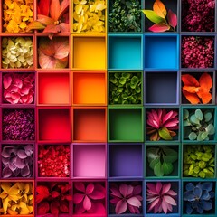 Colorful arrangement of flowers and foliage in vibrant boxes