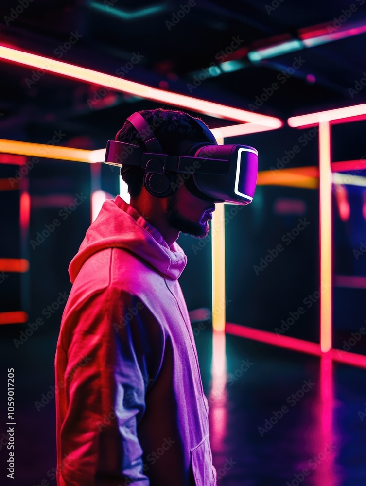 Poster man wearing modern vr goggles, exploring a cyberspace-like environment. high tech theme with focus o