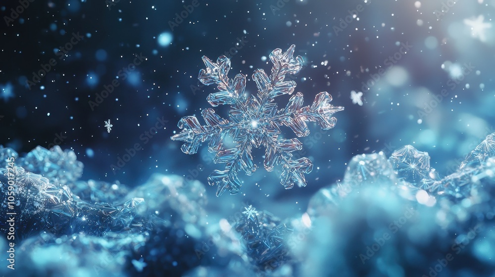 Poster ethereal 3d floating snowflake surrounded by sparkling frost