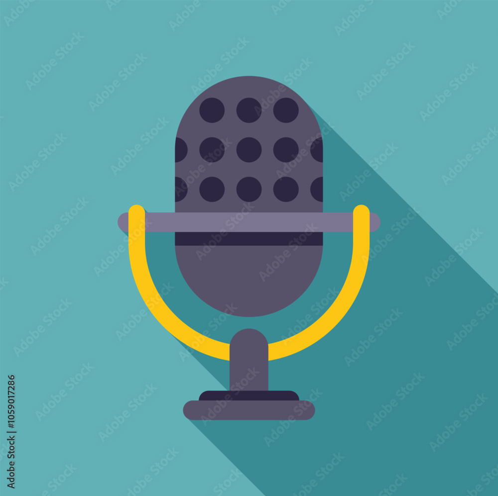 Poster studio microphone capturing sound in a flat, minimalist style with long shadow, ideal for podcasting