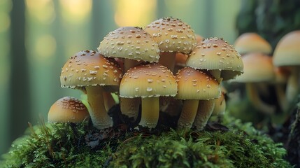 A cluster of small brown mushrooms with droplets of water on their caps, growing on a mossy log in a serene forest setting, creating a tranquil and refreshing atmosphere.