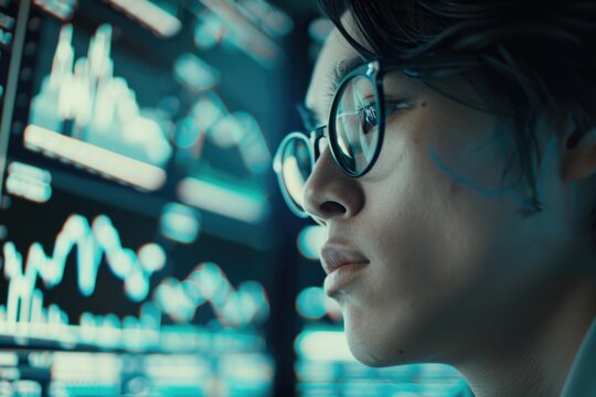 Businessman in focus analyzing multiple data streams on high tech digital interface, indicating modernity and efficiency in information processing.