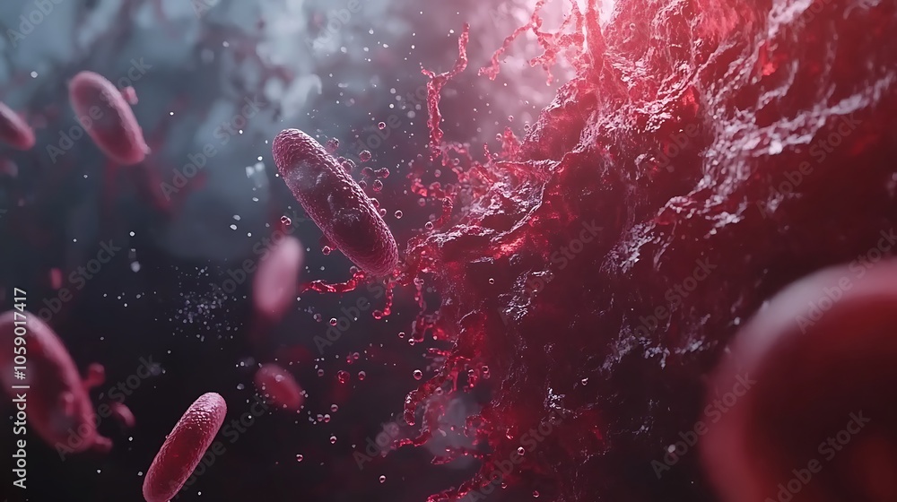 Aufkleber a microscopic view of cells and bacteria in a dynamic, abstract environment.