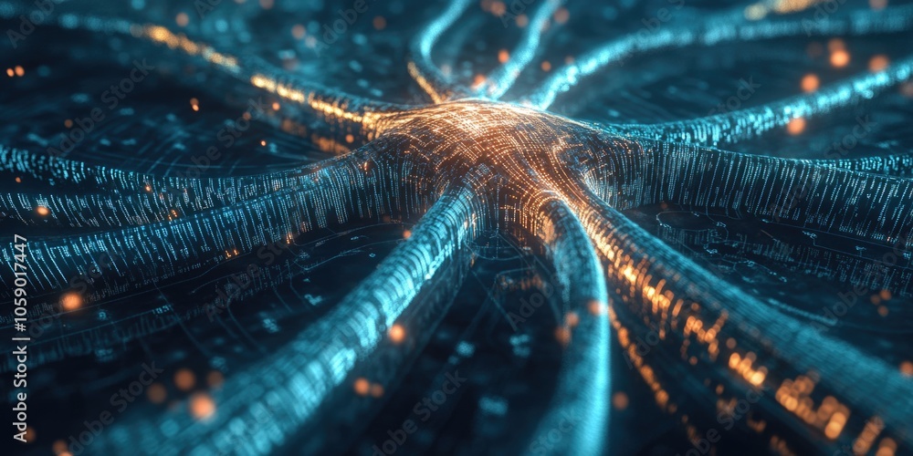 Poster abstract image of a virtual city lit up by neon lights on a circuit board. the symbolic representati