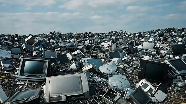 A vast landscape of discarded electronic waste, showcasing old computers and monitors piled high, highlighting the issue of e-waste and its environmental impact.