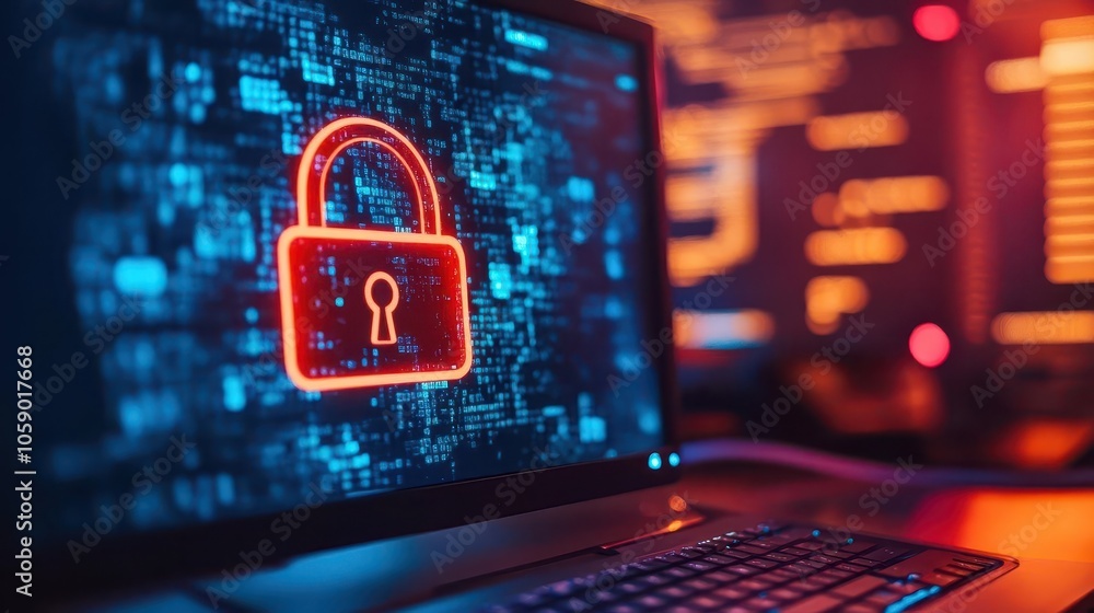 Poster security padlock symbol prominently displayed on a computer screen, representing digital safety and 