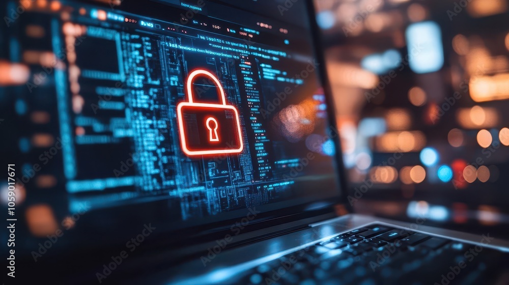 Poster security padlock symbol prominently displayed on a computer screen, representing digital safety and 
