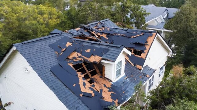 Severe storm causes extensive roof damage to residential home during afternoon hours in a suburban area