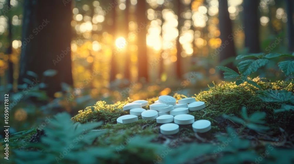 Poster nature scene with sunlight through trees and a path leading to an unseen destination.