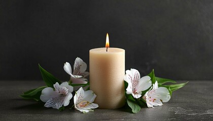 Burning candle and flowers on dark background. Sympathy card