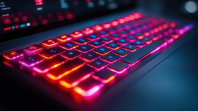 Close-up of a backlit laptop keyboard with red and blue lighting.
