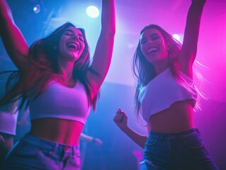 Two girls dancing in the club at night.