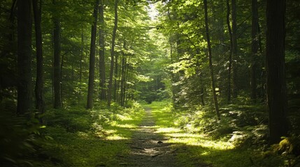 Obraz premium serene green forest path surrounded by towering trees and dappled sunlight filtering through the foliage, evoking a sense of peace and tranquility in nature