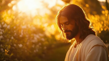 serene image of jesus christ, softly illuminated in warm golden light, surrounded by soothing nature. his gentle expression radiates peace amidst a tranquil garden setting