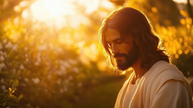 serene image of jesus christ, softly illuminated in warm golden light, surrounded by soothing nature. his gentle expression radiates peace amidst a tranquil garden setting