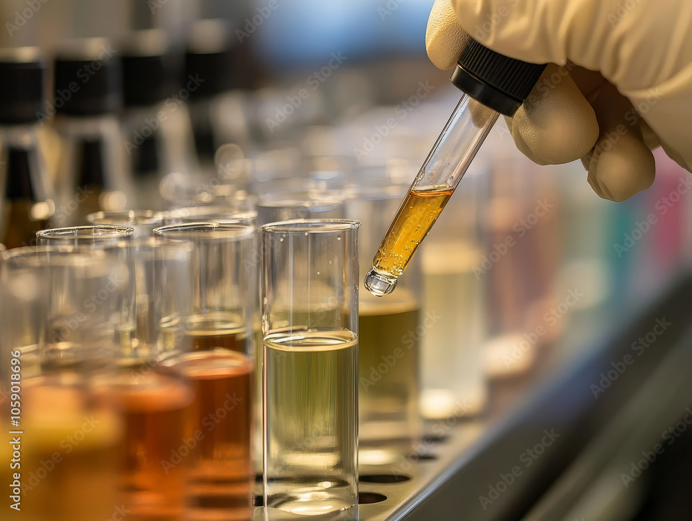Aufkleber analyzing liquid samples in laboratory with pipette, showcasing various test tubes filled with color