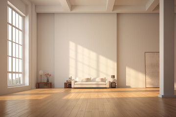 Fototapeta premium Bright and Airy Minimalist Living Room with Large Window and Wooden Floor