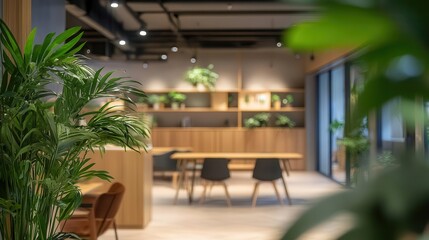 Fototapeta premium serene office space infused with greenery, captured in a blurred focus that highlights the calming effect of nature in the workplace